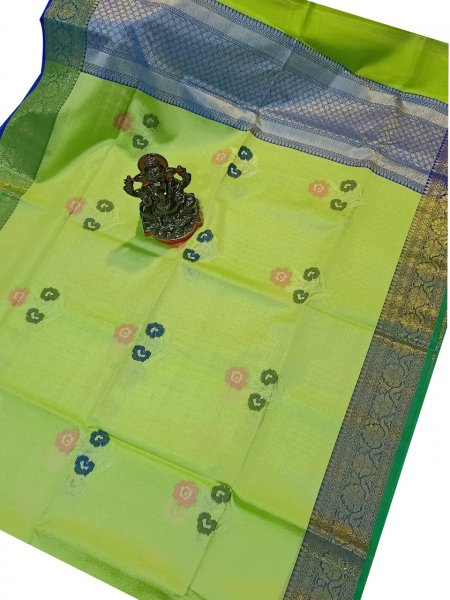 Lime green and silver kora silk saree with kuppatam border